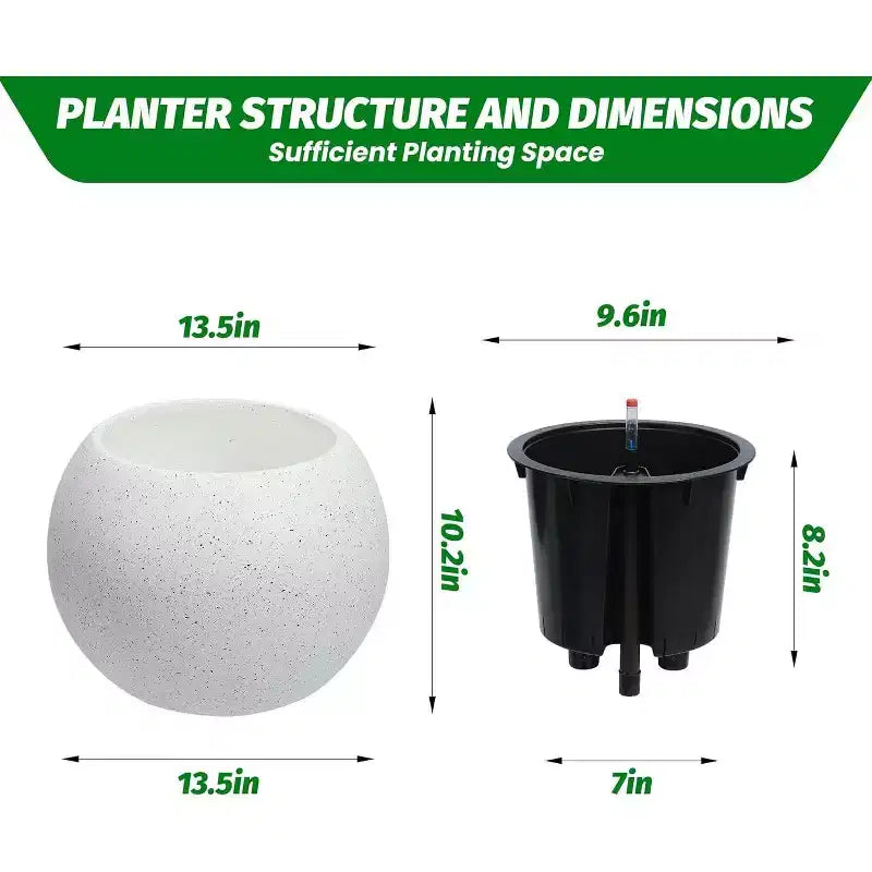 10,2 H x 13,5 Dia (ouverture 10) cm Pots de fleurs ronds à réserve d'eau pour l'intérieur avec drainage et indicateur de niveau d'eau, motif à pois blancs