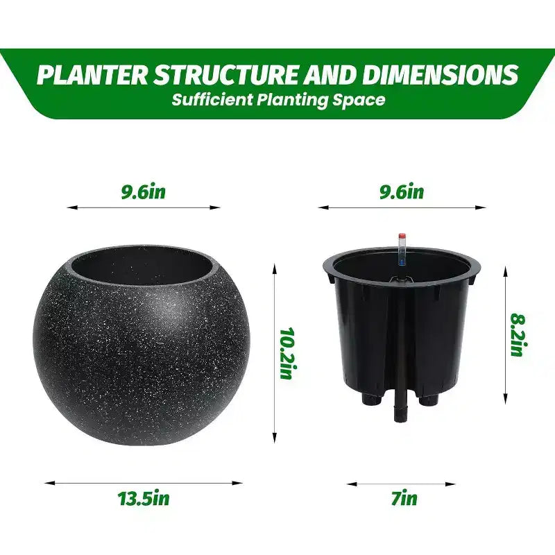 10,2 H x 13,5 Dia (ouverture 10) cm Pots de fleurs ronds à réserve d'eau pour l'intérieur avec drainage et indicateur de niveau d'eau, motif à pois blancs