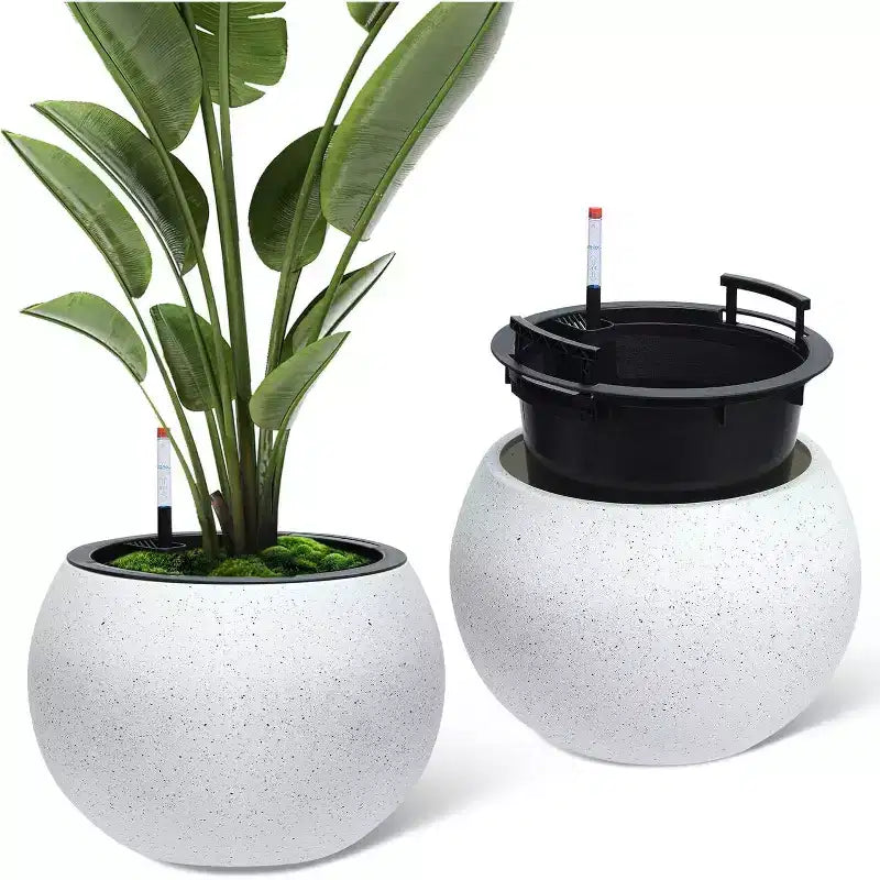10,2 H x 13,5 Dia (ouverture 10) cm Pots de fleurs ronds à réserve d'eau pour l'intérieur avec drainage et indicateur de niveau d'eau, motif à pois blancs