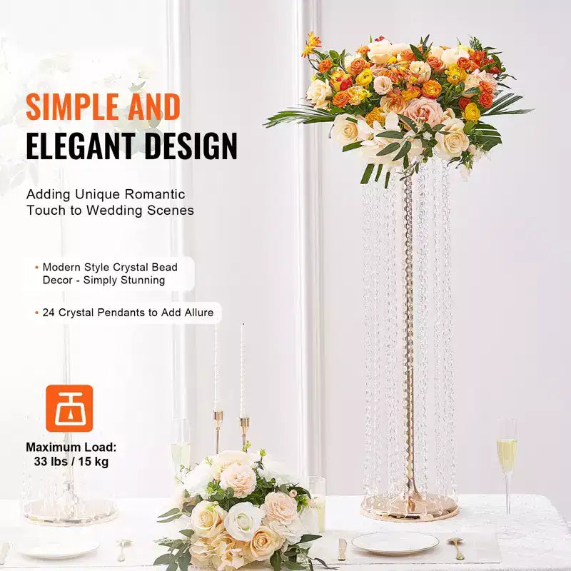 VEVOR 10 PIÈCES 90 cm Hauteur Support de Fleurs de Mariage en Cristal, Vases à Fleurs de Luxe Centres de Table Vase en Cristal Doré Métal, Parfait pour Scène de Mariage Fête