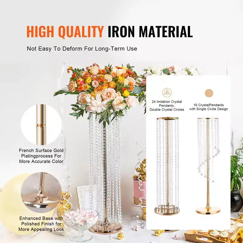 VEVOR 10 PIÈCES 90 cm Hauteur Support de Fleurs de Mariage en Cristal, Vases à Fleurs de Luxe Centres de Table Vase en Cristal Doré Métal, Parfait pour Scène de Mariage Fête