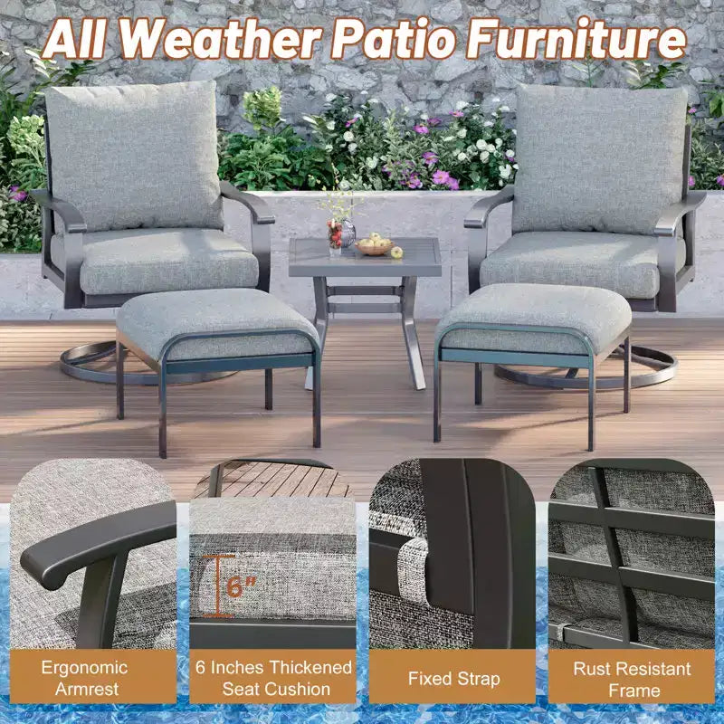 EROMMY Chaises de patio pivotantes et basculantes d'extérieur avec poufs et table basse, ensemble bistrot 5 pièces