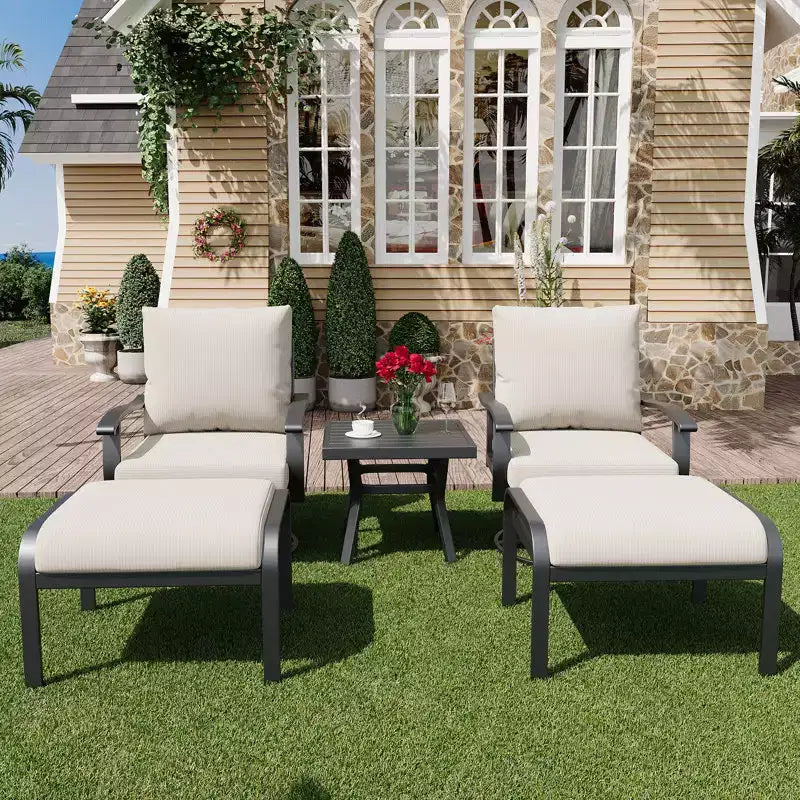 EROMMY Chaises de patio pivotantes et basculantes d'extérieur avec poufs et table basse, ensemble bistrot 5 pièces