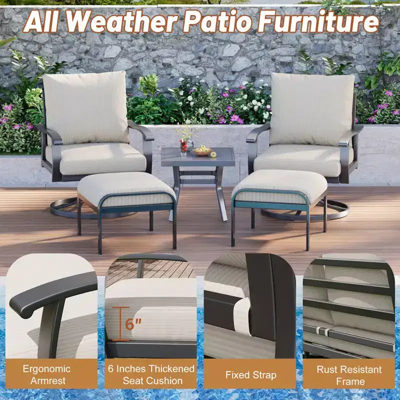 EROMMY Chaises de patio pivotantes et basculantes d'extérieur avec poufs et table basse, ensemble bistrot 5 pièces