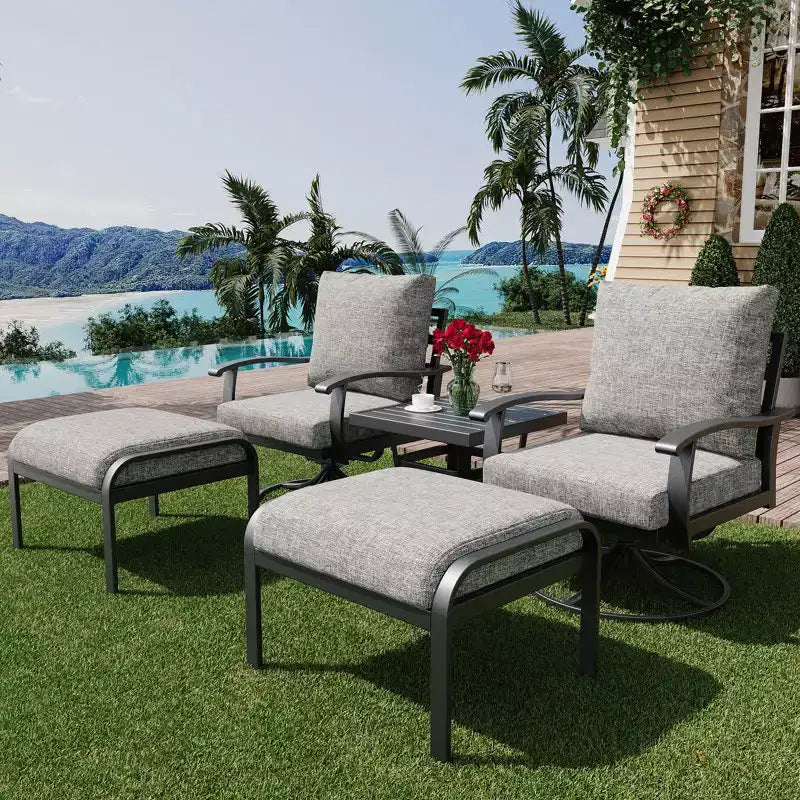 EROMMY Chaises de patio pivotantes et basculantes d'extérieur avec poufs et table basse, ensemble bistrot 5 pièces