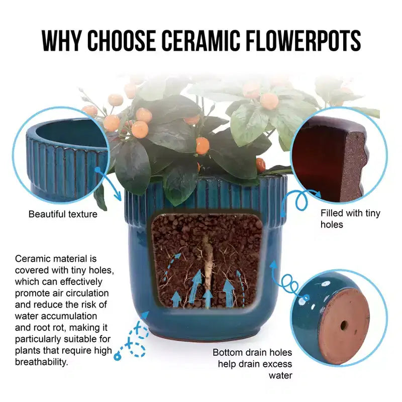 MAYEERTY Pot de fleurs en céramique 3 pièces, jardinière moderne d'intérieur et d'extérieur, bleu antique pour jardin et patio