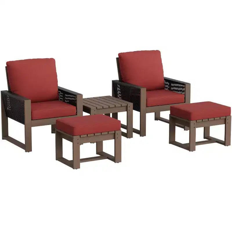 EAGLE PEAK Ensemble bistro 5 pièces en bois de cèdre naturel, mobilier de jardin, petit salon de balcon avec poufs et table basse