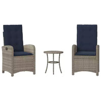 vidaXL Ensemble de bistro 3 pièces en rotin synthétique - Chaises inclinables réglables avec coussins et table ronde, résistant aux intempéries, gris/bleu marine