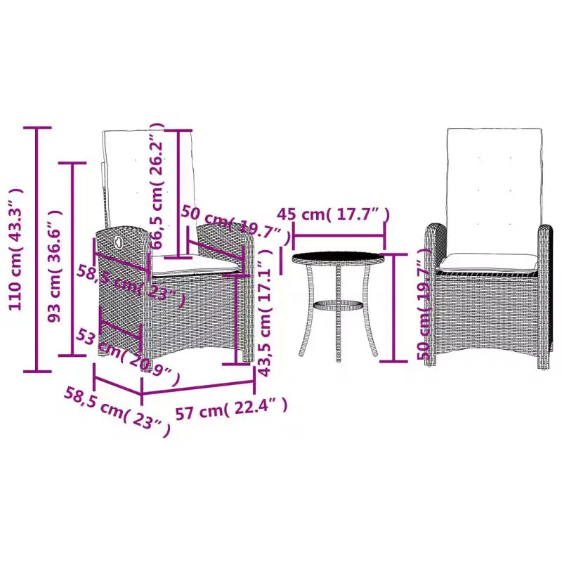 vidaXL Ensemble de bistro 3 pièces en rotin synthétique - Chaises inclinables réglables avec coussins et table ronde, résistant aux intempéries, gris/bleu marine