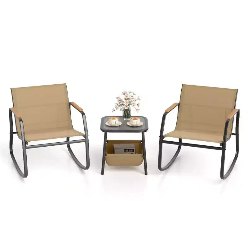 Ensemble bistro basculant 3 pièces Costway avec accoudoirs et plateau de table en PS, cadre en métal, marron/noir, sac de rangement inclus
