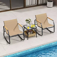 Ensemble bistro basculant 3 pièces Costway avec accoudoirs et plateau de table en PS, cadre en métal, marron/noir, sac de rangement inclus