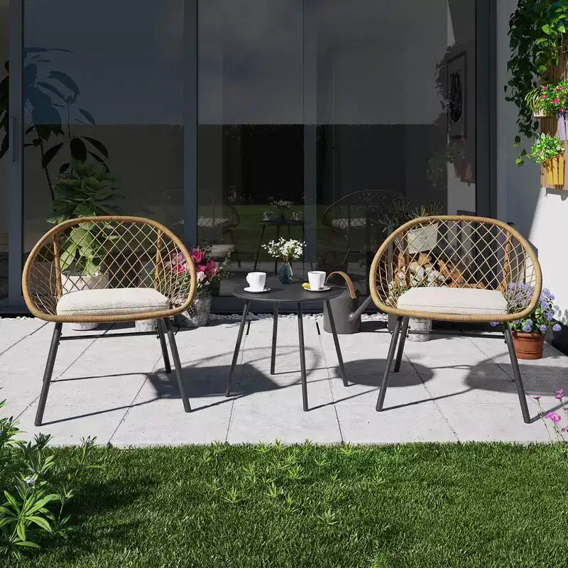 LAUSAINT Ensemble bistro 3 pièces en osier pour la maison, 2 chaises larges et table basse, parfait pour le porche, le jardin, le balcon