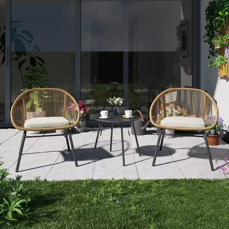 LAUSAINT Ensemble bistro 3 pièces en osier pour la maison, 2 chaises larges et table basse, parfait pour le porche, le jardin, le balcon