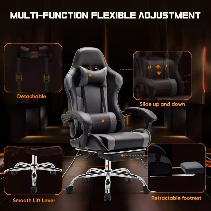 Chaise gaming ergonomique Okak avec repose-pieds et soutien lombaire, chaise d'ordinateur avec appui-tête et accoudoir, chaise à roulettes pour l'étude, le bureau