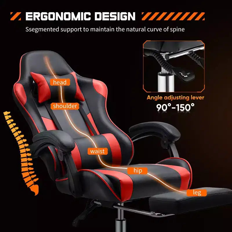Chaise gaming ergonomique Okak avec repose-pieds et soutien lombaire, chaise d'ordinateur avec appui-tête et accoudoir, chaise à roulettes pour l'étude, le bureau