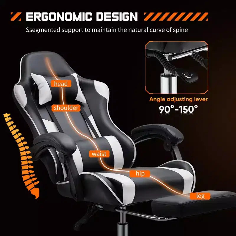Chaise gaming ergonomique Okak avec repose-pieds et soutien lombaire, chaise d'ordinateur avec appui-tête et accoudoir, chaise à roulettes pour l'étude, le bureau