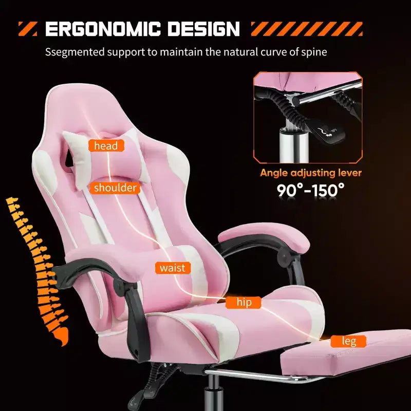 Chaise gaming ergonomique Okak avec repose-pieds et soutien lombaire, chaise d'ordinateur avec appui-tête et accoudoir, chaise à roulettes pour l'étude, le bureau