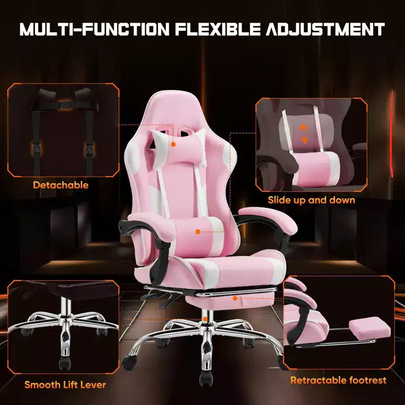 Chaise gaming ergonomique Okak avec repose-pieds et soutien lombaire, chaise d'ordinateur avec appui-tête et accoudoir, chaise à roulettes pour l'étude, le bureau
