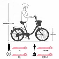 Vélos Cruiser Okak 22" avec panier avant, vélo pour filles avec cadre en acier, freins en V et selles confort, vélo adulte pour filles et femmes
