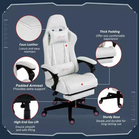 Chaise de jeu en cuir PU à dossier haut, Chaise d'ordinateur de course avec roulettes pivotantes, repose-pieds rétractable, appui-tête, support lombaire et accoudoirs
