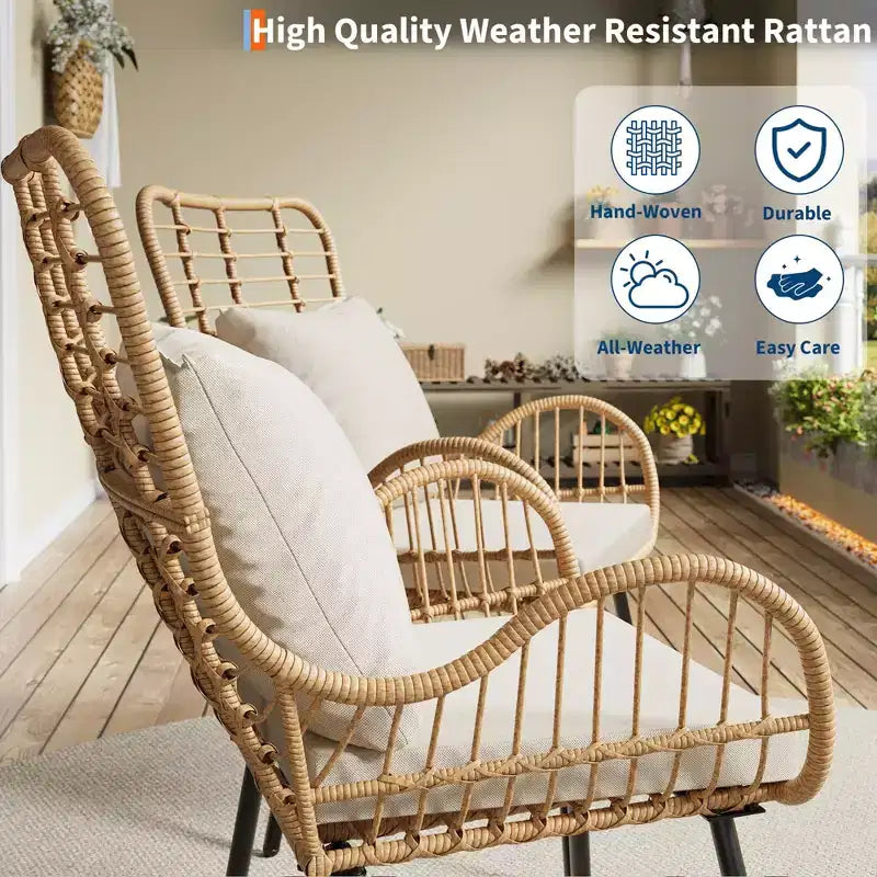Lot de 2 chaises en osier d'extérieur, chaises de patio en osier d'intérieur/extérieur, fauteuil de club toutes saisons avec coussins résistants à l'eau, style bohème, marron