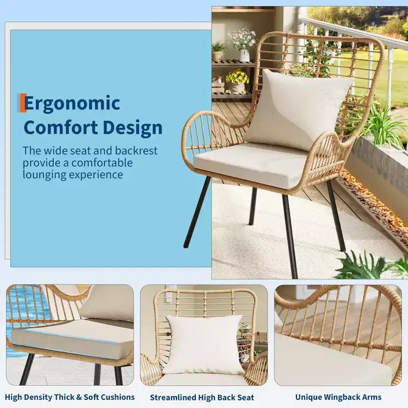 Lot de 2 chaises en osier d'extérieur, chaises de patio en osier d'intérieur/extérieur, fauteuil de club toutes saisons avec coussins résistants à l'eau, style bohème, marron
