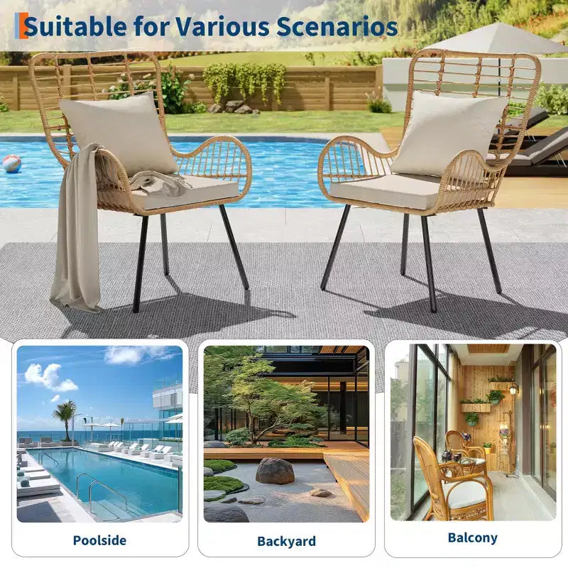 Lot de 2 chaises en osier d'extérieur, chaises de patio en osier d'intérieur/extérieur, fauteuil de club toutes saisons avec coussins résistants à l'eau, style bohème, marron