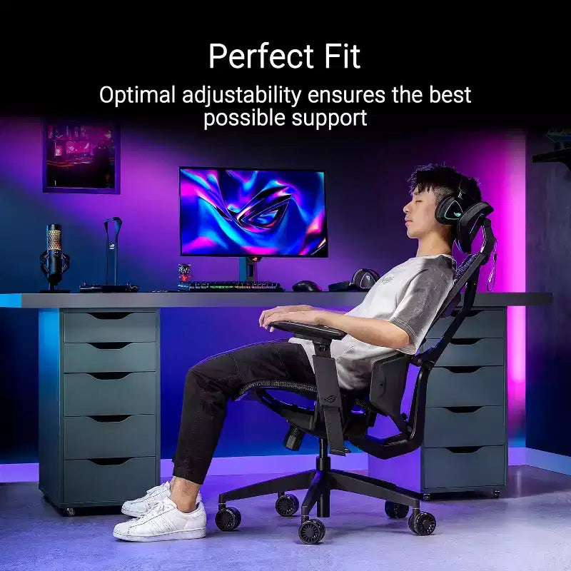Chaise de jeu ergonomique ASUS ROG Destrier Core, esthétique cyborg futuriste, réglages polyvalents du siège, mode de support de bras pour le jeu mobile, panneau acoustique