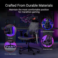 Chaise de jeu ergonomique ASUS ROG Destrier Core, esthétique cyborg futuriste, réglages polyvalents du siège, mode de support de bras pour le jeu mobile, panneau acoustique