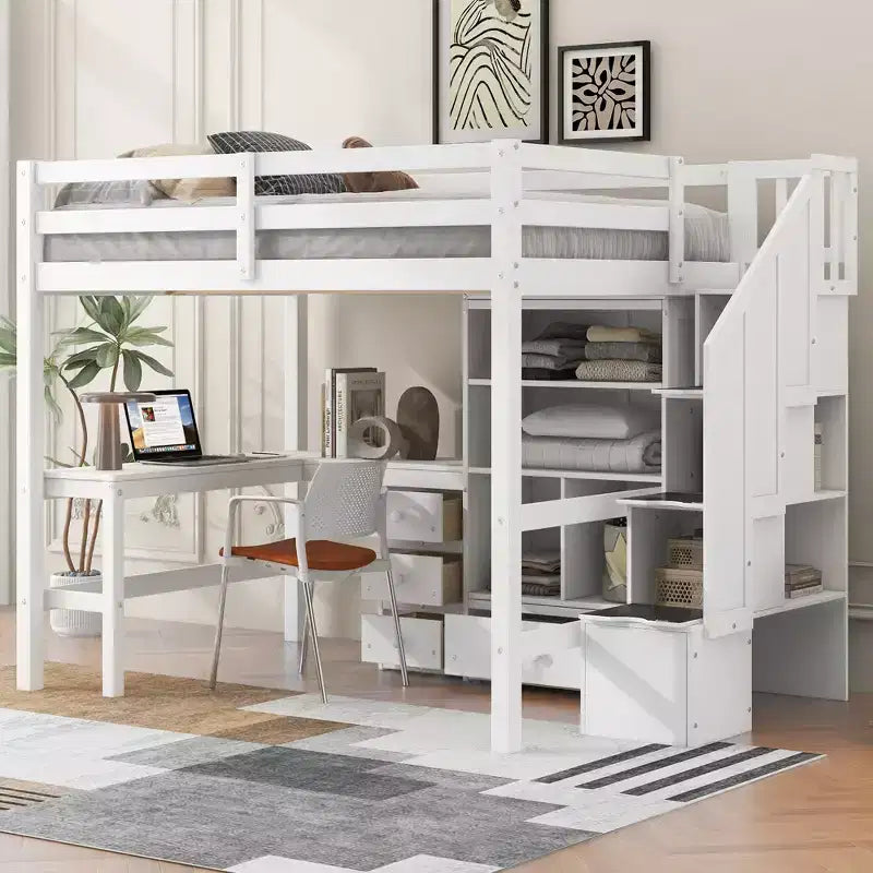 Lit mezzanine Clihome double avec bureau en L et tiroirs, armoire et escalier de rangement