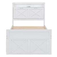 Lit double en bois Whisen, cadre de lit extensible avec lit gigogne double, tête de lit de rangement, trois tiroirs