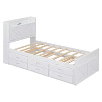 Lit double en bois Whisen, cadre de lit extensible avec lit gigogne double, tête de lit de rangement, trois tiroirs
