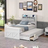 Whisen Twin Wooden Bed, Extendable Bed Frame with Twin Size Trundle, Storage Headboard, Three Drawers