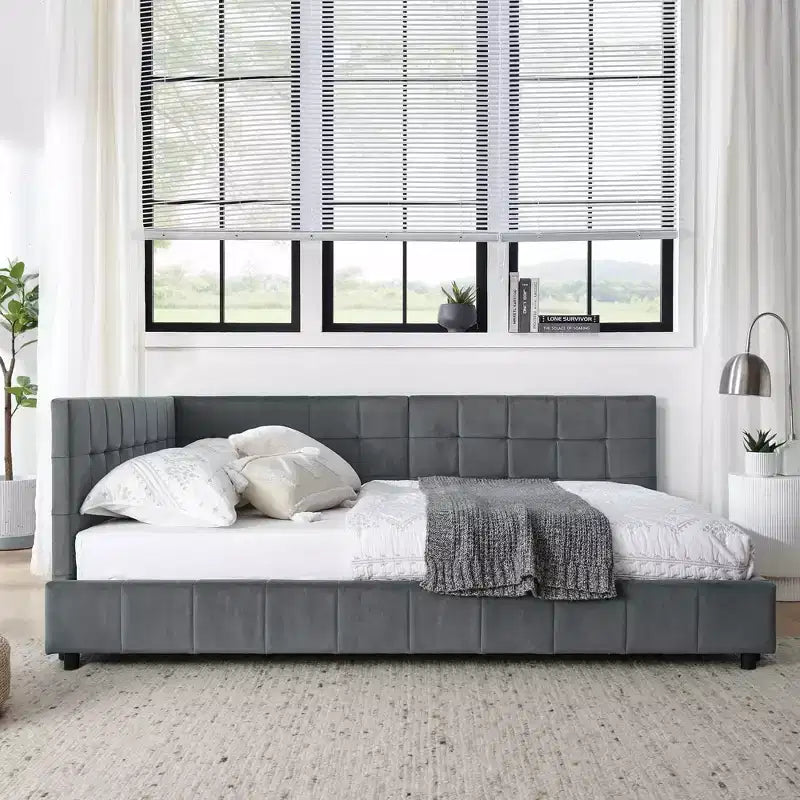 Cadre de lit capitonné pleine grandeur MAYEERTY avec dossier confortable et accoudoirs pour chambre à coucher ou salon, gris