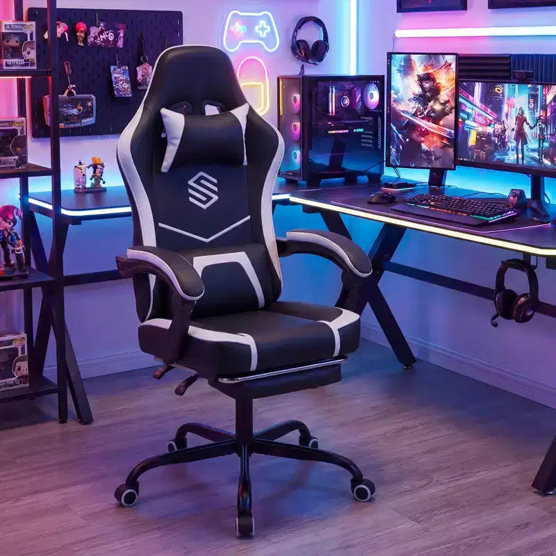 Chaise gaming Costway avec appui-tête, soutien lombaire, accoudoirs à articulation, dossier inclinable, noir et blanc/bleu marine et noir
