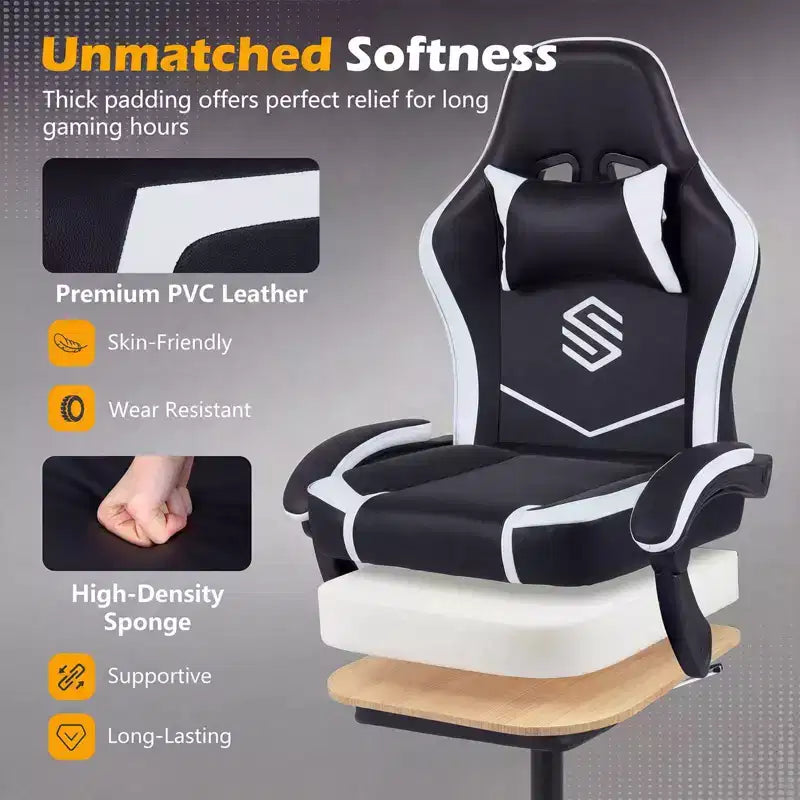 Chaise gaming Costway avec appui-tête, soutien lombaire, accoudoirs à articulation, dossier inclinable, noir et blanc/bleu marine et noir
