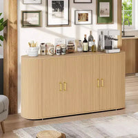 Buffet/Bahut cannelé en chêne de 160 cm, Crédence moderne incurvée avec étagères réglables, Meuble de rangement en bois polyvalent pour salle à manger/salon