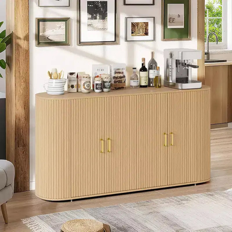 Buffet/Bahut cannelé en chêne de 160 cm, Crédence moderne incurvée avec étagères réglables, Meuble de rangement en bois polyvalent pour salle à manger/salon
