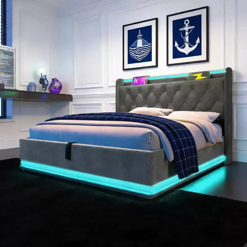 Lit rembourré Luxystar de taille standard avec rangement hydraulique, lumières RVB, ports USB et Type-C