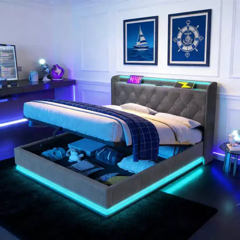Lit rembourré Luxystar de taille standard avec rangement hydraulique, lumières RVB, ports USB et Type-C