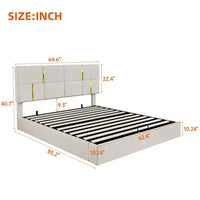 Lit plateforme capitonné en similicuir (PU) Queen Size avec système de rangement hydraulique, sommier en bois avec rangement relevable et tête de lit