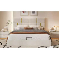 Lit plateforme capitonné en similicuir (PU) Queen Size avec système de rangement hydraulique, sommier en bois avec rangement relevable et tête de lit