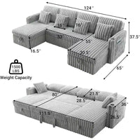 Canapé de jour en forme de U MooxvMoo 124 avec rangement, grand canapé convertible avec lit gigogne, dossier réglable, ports USB et porte-gobelets, gris