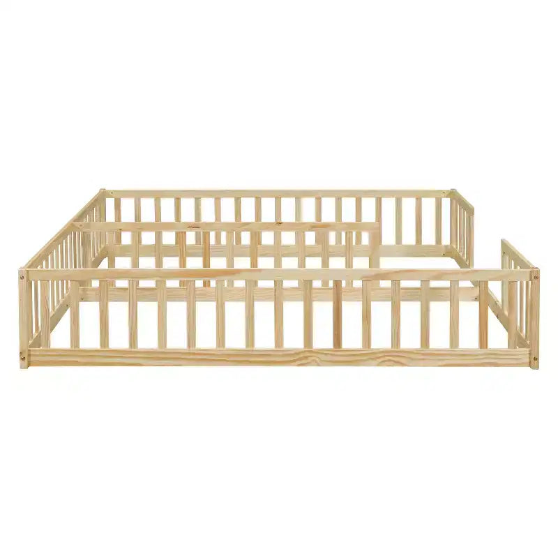 Lit au sol double avec barrière de sécurité, lit plateforme en bois pour 2 enfants