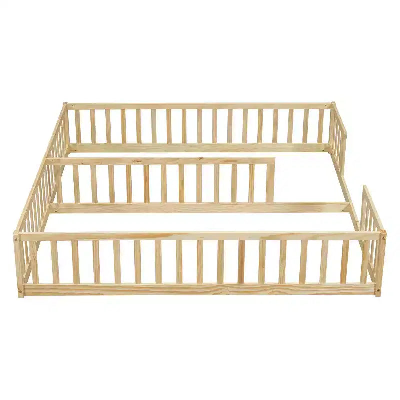 Lit au sol double avec barrière de sécurité, lit plateforme en bois pour 2 enfants