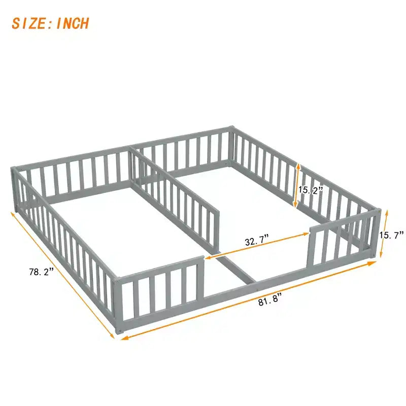 Lit au sol double avec barrière de sécurité, lit plateforme en bois pour 2 enfants