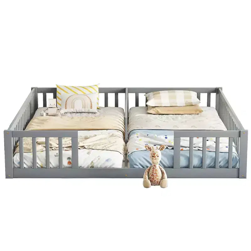 Lit au sol double avec barrière de sécurité, lit plateforme en bois pour 2 enfants