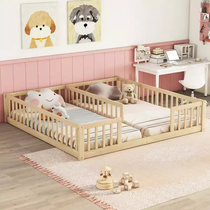 Lit au sol double avec barrière de sécurité, lit plateforme en bois pour 2 enfants