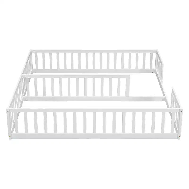 Lit au sol double avec barrière de sécurité, lit plateforme en bois pour 2 enfants
