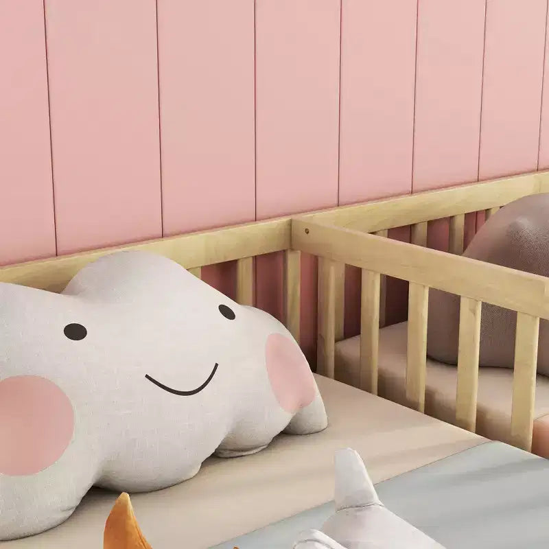 Lit au sol double avec barrière de sécurité, lit plateforme en bois pour 2 enfants